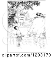 Cartoon Of A Vintage Black And White Boy Encouraging His Dog To Swim Royalty Free Vector Clipart