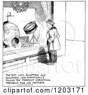Cartoon Of A Vintage Black And White Boy Window Shopping Royalty Free Vector Clipart