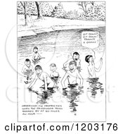 Cartoon Of A Vintage Black And White Group Of Boys Swimming Royalty Free Vector Clipart