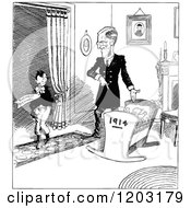 Cartoon Of A Vintage Black And White Boy Dad And Baby With A 1914 Crib Royalty Free Vector Clipart