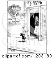 Cartoon Of A Vintage Black And White Boy Asking For A Pane Of Glass Royalty Free Vector Clipart
