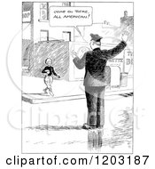Cartoon Of A Vintage Black And White Officer Talking To A Football Boy Royalty Free Vector Clipart