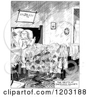 Cartoon Of A Vintage Black And White Boy Reading A Suspensful Story In Bed Royalty Free Vector Clipart