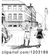 Cartoon Of A Vintage Black And White Boy Scout Escorting A Girl Across A Street Royalty Free Vector Clipart