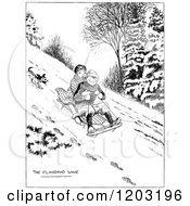 Poster, Art Print Of Vintage Black And White Dog Chasing Kids On A Sled