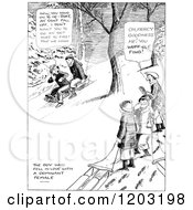 Cartoon Of Vintage Black And White Children Sledding Royalty Free Vector Clipart