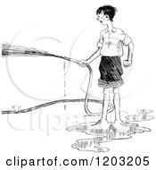 Cartoon Of A Vintage Black And White Boy Using A Hose Royalty Free Vector Clipart