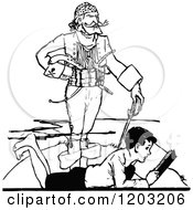 Clipart Of A Vintage Black And White Boy Reading And Imagining Royalty Free Vector Illustration