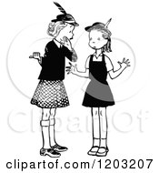 Cartoon Of Vintage Black And White Two Girls Gossiping Royalty Free Vector Clipart