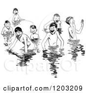 Cartoon Of A Vintage Black And White Group Of Happy Boys Swimming Royalty Free Vector Clipart by Prawny Vintage