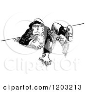 Cartoon Of A Vintage Black And White Boy Climbing Over A Wall Royalty Free Vector Clipart