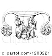 Clipart Of A Vintage Black And White Medieval Kitchen Scene Royalty Free Vector Illustration