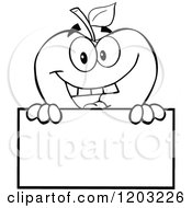 Cartoon Of A Black And White Apple Character Holding A Sign 3 Royalty Free Vector Clipart