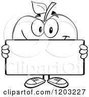 Cartoon Of A Black And White Apple Character Holding A Sign 4 Royalty Free Vector Clipart