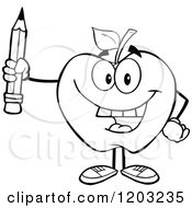 Cartoon Of A Black And White Apple Character Holding A Pencil Royalty Free Vector Clipart