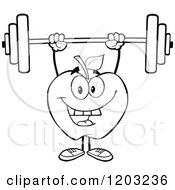 Cartoon Of A Black And White Apple Character Lifting A Barbell Royalty Free Vector Clipart