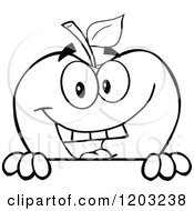 Cartoon Of A Black And White Apple Character Over A Sign Royalty Free Vector Clipart