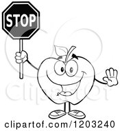 Cartoon Of A Black And White Apple Character Holding A Stop Sign Royalty Free Vector Clipart