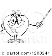 Cartoon Of A Black And White Apple Character Teacher Using A Pointer Stick Royalty Free Vector Clipart
