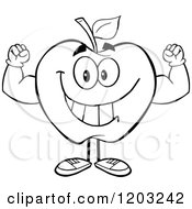 Cartoon Of A Black And White Apple Character Flexing Royalty Free Vector Clipart