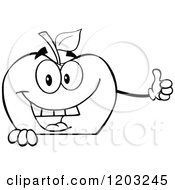 Cartoon Of A Black And White Apple Character Holding A Thumb Up Over A Sign Royalty Free Vector Clipart
