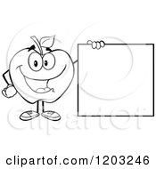 Cartoon Of A Black And White Apple Character Holding A Sign Royalty Free Vector Clipart