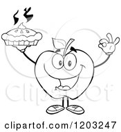 Cartoon Of A Black And White Apple Character Holding A Pie Royalty Free Vector Clipart