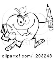 Cartoon Of A Black And White Apple Character Student Running With A Pencil Royalty Free Vector Clipart