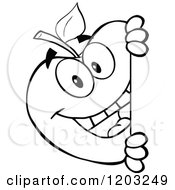 Cartoon Of A Black And White Apple Character Looking Around A Sign Royalty Free Vector Clipart