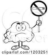 Cartoon Of A Black And White Brain Mascot Holding A No Smoking Sign Royalty Free Vector Clipart