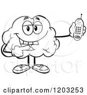 Poster, Art Print Of Black And White Happy Brain Mascot Holding A Cell Phone