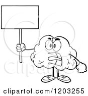 Cartoon Of A Black And White Brain Mascot Screaming And Holding A Sign Royalty Free Vector Clipart