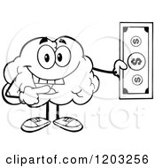 Cartoon Of A Black And White Happy Brain Mascot Holding A Dollar Bill Royalty Free Vector Clipart