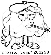 Poster, Art Print Of Black And White Sick Brain Mascot With A Thermometer