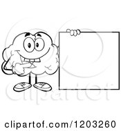 Cartoon Of A Black And White Brain Mascot Holding And Pointing To A Sign Royalty Free Vector Clipart