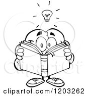 Cartoon Of A Black And White Brain Mascot With A Light Bulb Reading A Book Royalty Free Vector Clipart