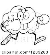 Cartoon Of A Black And White Brain Mascot Running With Boxing Gloves Royalty Free Vector Clipart