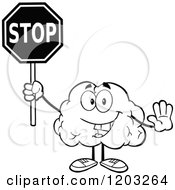 Cartoon Of A Black And White Brain Mascot Holding A Stop Sign Royalty Free Vector Clipart
