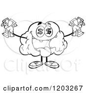 Poster, Art Print Of Black And White Brain Mascot With Dollar Eyes And Cash 2