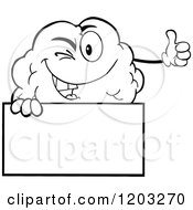 Cartoon Of A Black And White Happy Brain Mascot Holding A Thumb Up Over A Sign Royalty Free Vector Clipart