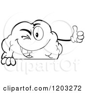 Cartoon Of A Black And White Happy Brain Mascot Holding A Thumb Up Over A Sign 2 Royalty Free Vector Clipart