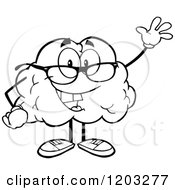 Cartoon Of A Black And White Happy Brain Mascot Wearing Glasses And Waving Royalty Free Vector Clipart
