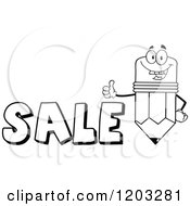 Cartoon Of A Black And White Pencil Mascot Holding A Thumb Up Over The Word SALE Royalty Free Vector Clipart