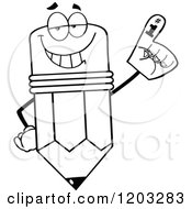 Cartoon Of A Black And White Pencil Mascot Wearing A Number 1 Foam Finger Royalty Free Vector Clipart