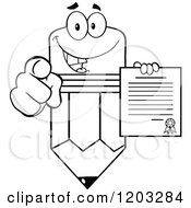 Cartoon Of A Black And White Pencil Mascot Holding A Contract And Pointing Royalty Free Vector Clipart