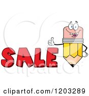 Poster, Art Print Of Pencil Mascot Holding A Thumb Up Over The Word Sale