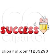 Poster, Art Print Of Pencil Mascot Holding A Thumb Up Over The Word Success
