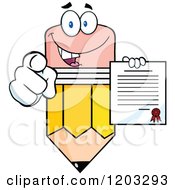 Poster, Art Print Of Pencil Mascot Holding A Contract And Pointing