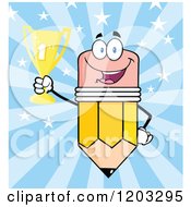 Cartoon Of A Pencil Mascot Holding A Trophy Over Blue Rays Royalty Free Vector Clipart by Hit Toon