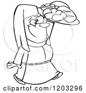 Cartoon Of An Outlined Happy Medieval Castle Baker Woman Carrying Bread Royalty Free Vector Clipart by toonaday